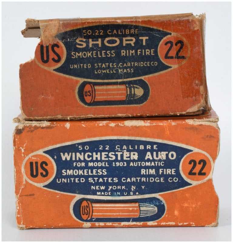 A Lot of 63 United States Cartridge Co. .22 Short and .22 Winchester Auto Rimfire Cartridges: This lot consists of 63 rounds of vintage .22 caliber rimfire ammunition manufactured by the United States Cartridge Co. The grouping includes two partial boxes: one originally for 50 .22 Calibre Shor
