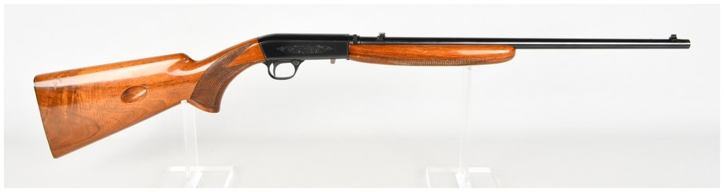Browning Semi-Auto 22 Takedown Rifle .22 Long Rifle: This is a Belgian-manufactured semi-automatic takedown rifle produced for the Browning Arms Company and chambered for the .22 Long Rifle cartridge. The rifle features a blued barrel and a receiver dec