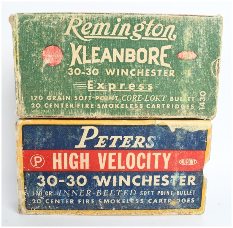 A Lot of 40 Rounds of Remington and Peters .30-30 Winchester Centerfire Ammunition: This lot consists of a total of 40 rounds of .30-30 Winchester centerfire ammunition housed in two period-appropriate boxes. The first box is a Remington Kleanbore Express containing 20 cartridges and