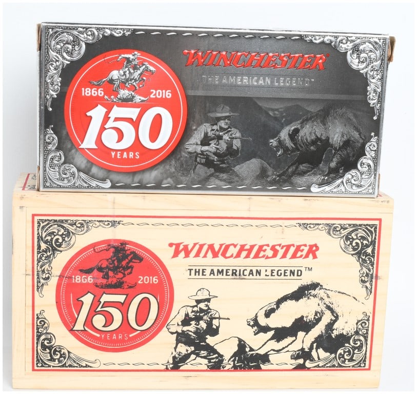 Winchester 150th Anniversary Ammunition .30-30 Win with 20 Rounds and Wooden Crate 2016: This lot features a Winchester 150th Anniversary commemorative ammunition set chambered for .30-30 Winchester. The collection includes 20 Rounds of 150 grain Power-Point ammunition, featuring copper-j