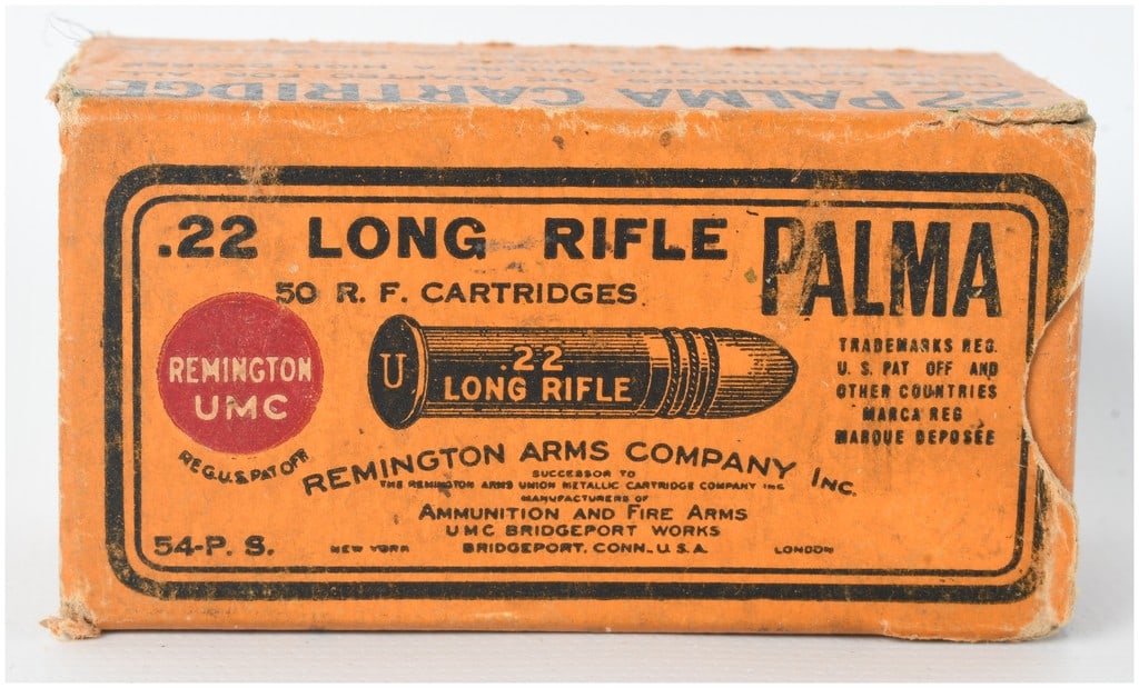 A Lot of 50 Remington Arms Company Palma Rimfire Ammunition .22 Long Rifle: This lot consists of 50 rounds of Remington Arms Company Palma brand .22 Long Rifle rimfire ammunition. The cartridges are contained in an orange two-piece cardstock box and are loaded with Lesmok sem