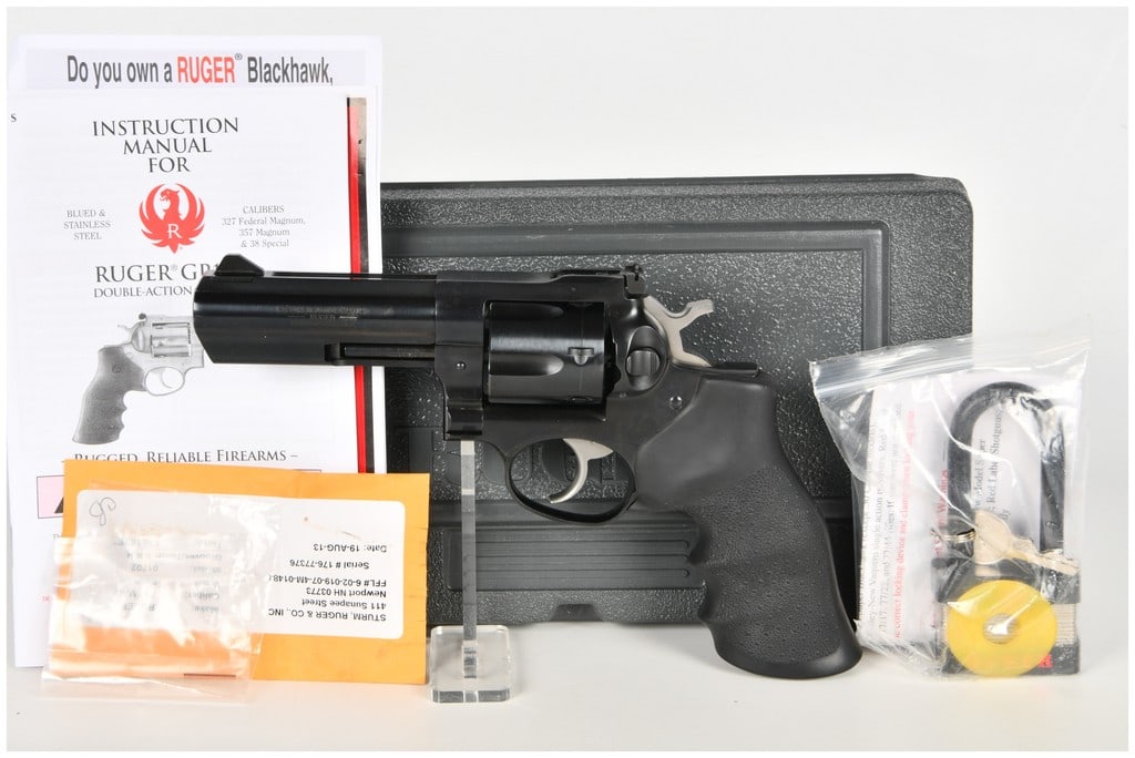 Ruger GP100 Double Action Revolver .357 Magnum with 4.2 Inch Barrel: This Ruger GP100 double action revolver is chambered in .357 Magnum and features a 4.2 inch barrel with a full length underlug. The firearm is constructed with a blued finish on the frame, barrel, and