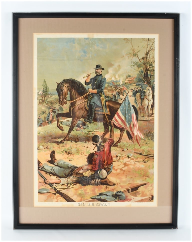 Shober and Carqueville, Gen. U. S. Grant, Chromolithograph: This late 19th-century chromolithograph depicts General Ulysses S. Grant during the American Civil War. The central figure is Grant, mounted on a bay horse and surveying the battlefield through a fiel