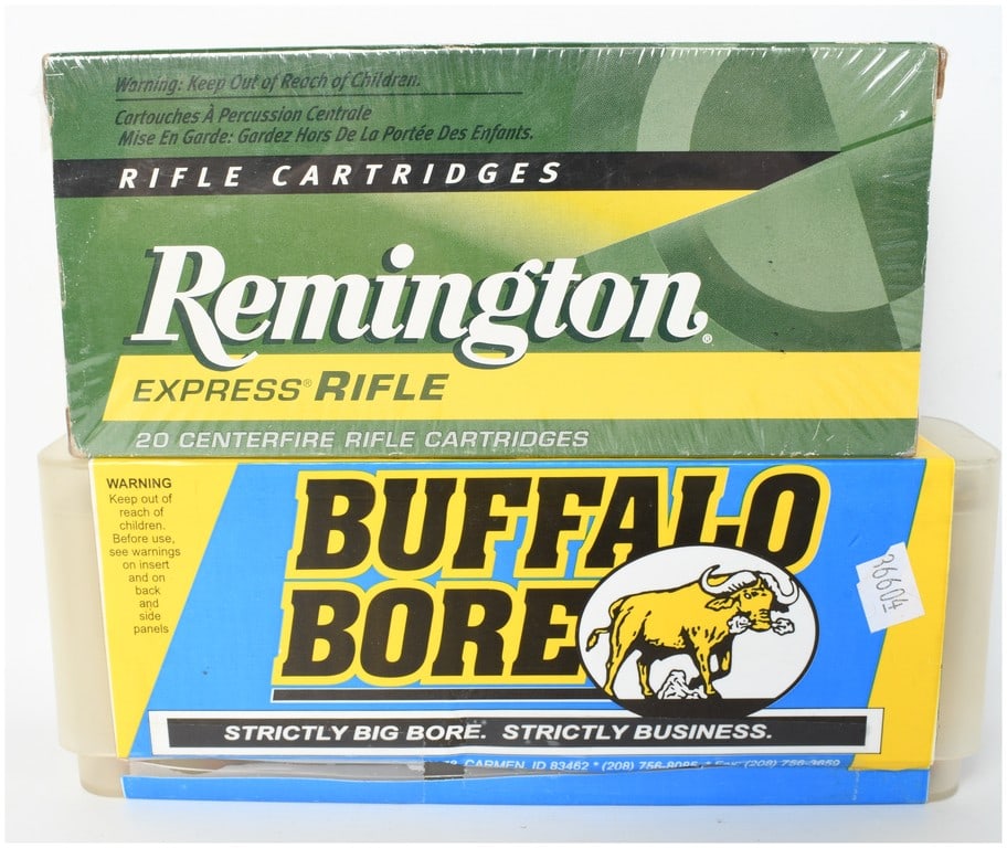 A Lot of 40 Rounds of Remington and Buffalo Bore .444 Marlin Centerfire Rifle Ammunition: This lot consists of a total of 40 rounds of .444 Marlin centerfire rifle ammunition, comprised of two 20-round boxes from prominent manufacturers. The first item is a factory-sealed box of Remington 