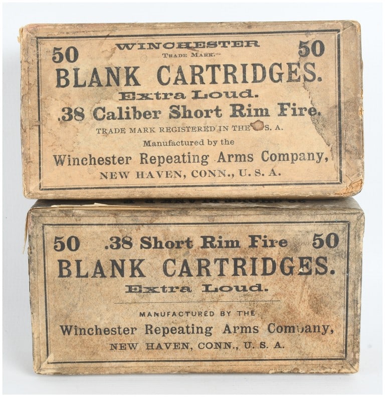 A Lot of 100 Winchester Extra Loud Blank Cartridges .38 Short Rimfire Antique: This lot comprises 100 rounds of antique .38 caliber short rimfire blank ammunition manufactured by the Winchester Repeating Arms Company of New Haven, Connecticut. These Extra Loud cartridges are hou