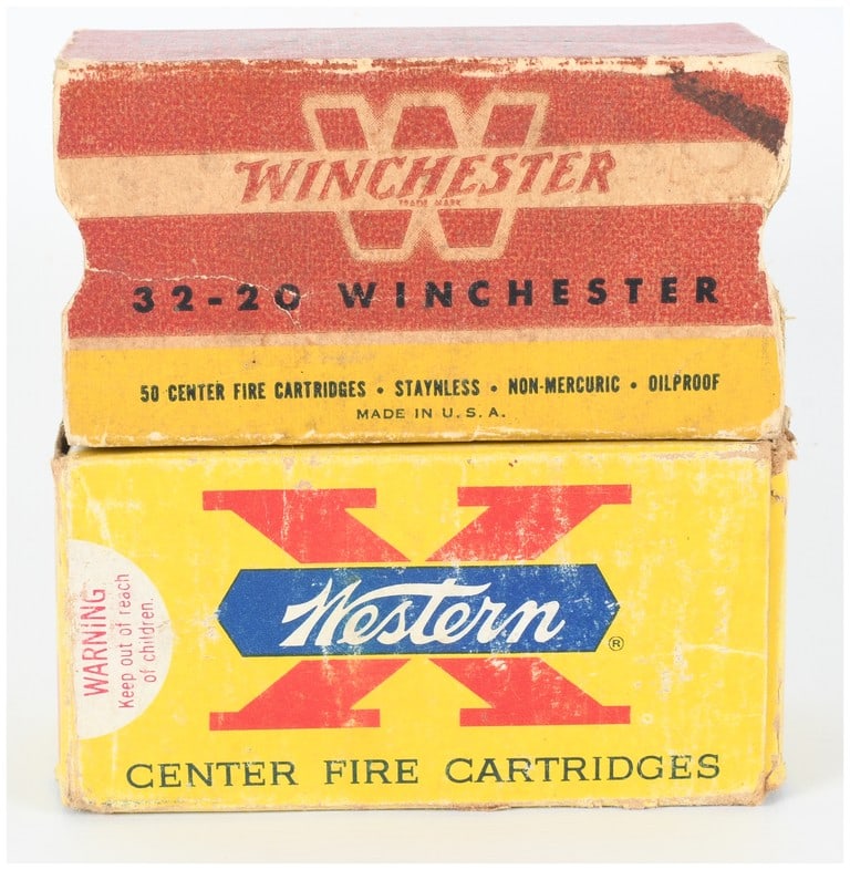 A Lot of 72 Rounds of Winchester and Western .32-20 Winchester Centerfire Ammunition: This lot consists of a collection of 72 rounds of vintage .32-20 Winchester centerfire ammunition, presented in two original cardboard boxes from Winchester and Western. The ammunition includes a mixt