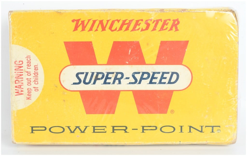 Winchester Super-Speed Power-Point 303 British Ammunition 20 Rounds: This lot consists of a single vintage cardboard box containing 20 rounds of Winchester Super-Speed Power-Point 303 British ammunition. Each cartridge is loaded with a 180-grain soft point bullet, engi
