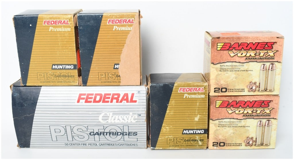 Federal and Barnes .41 Remington Magnum Centerfire Pistol Ammunition Lot of 150 Rounds: This lot features 150 rounds of .41 Remington Magnum centerfire pistol ammunition from prominent manufacturers Federal and Barnes. The collection includes one box of Federal Classic containing 50 roun