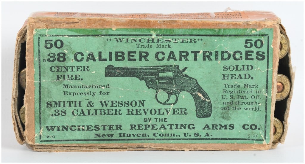 Winchester .38 Smith & Wesson Centerfire Cartridges 50 Rounds: This lot consists of a two-piece cardboard box containing 50 rounds of Winchester Repeating Arms Co. .38 caliber centerfire ammunition, manufactured expressly for the .38 Smith & Wesson revolver. The 
