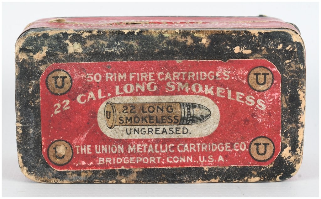 The Union Metallic Cartridge Co. .22 Long Smokeless Rimfire Cartridges A Lot of 50 Rounds Antique: This lot features 50 rounds of .22 Long smokeless rimfire ammunition manufactured by The Union Metallic Cartridge Co. of Bridgeport, Connecticut. The cartridges are housed in a vintage two-piece cardb