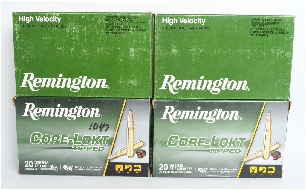 A Lot of 80 Rounds of Remington Core-Lokt .280 Remington Ammunition: This lot consists of 80 rounds of .280 Remington centerfire rifle ammunition produced by Remington, contained within four individual boxes of 20 cartridges each. The collection is comprised of two box
