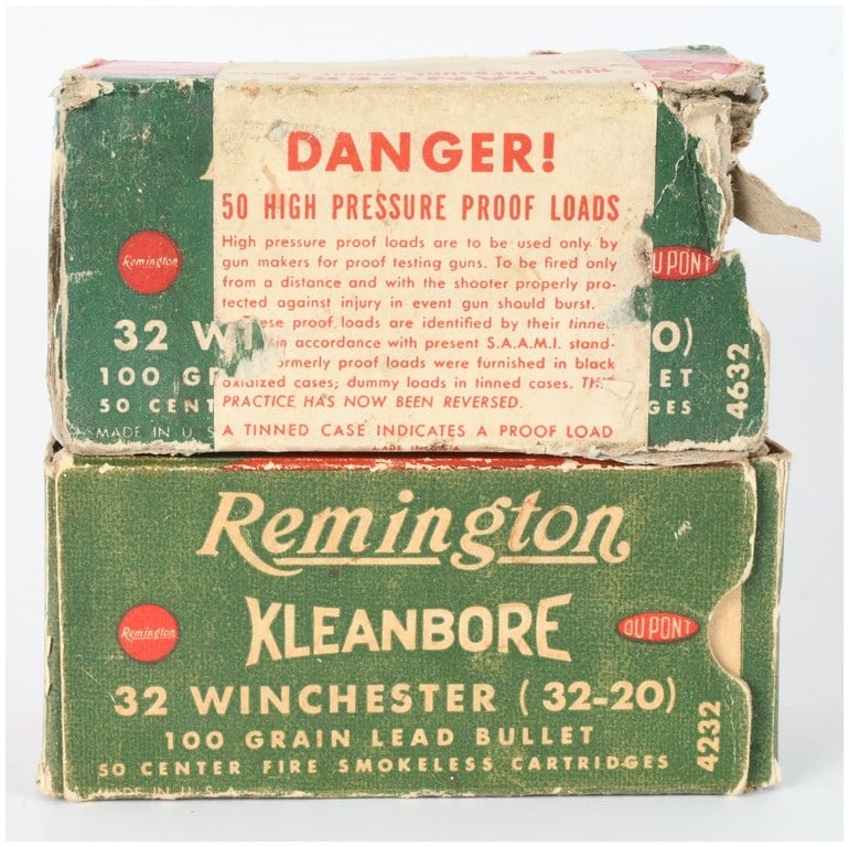 A Lot of 60 Rounds Remington Kleanbore Ammunition .32 Winchester (32-20): This lot consists of a collection of 60 rounds of vintage Remington Kleanbore ammunition in .32 Winchester (32-20) caliber, housed in two original boxes. The primary box, identified by code 4232, cont