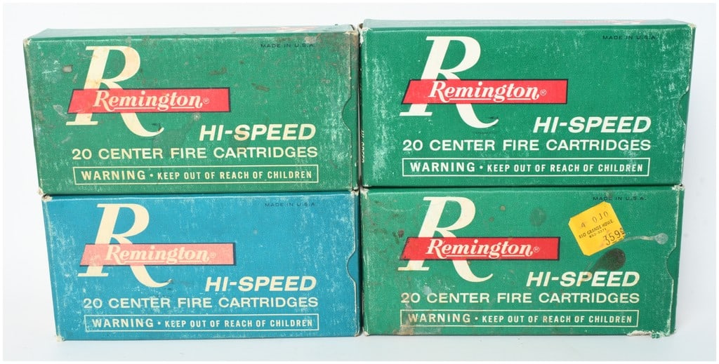 A Lot of 80 Rounds of Remington Hi-Speed Centerfire Cartridges .22-250 Remington: This lot features 80 rounds of Remington Hi-Speed .22-250 Remington centerfire ammunition, comprised of four individual boxes containing 20 cartridges each. These factory-loaded rounds are fitted with