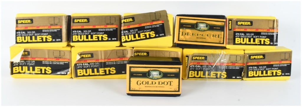 A Lot of 550 Speer Gold Dot and Deepcurl .475 Caliber Reloading Bullet Tips: This lot features a collection of 550 Speer brand .475 caliber reloading bullet tips, comprised of both Gold Dot and Deepcurl product lines intended for high-performance hunting applications. The inve