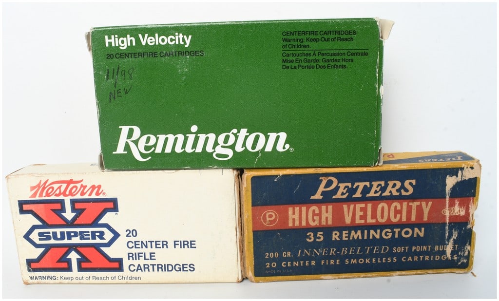A Lot of 60 Rounds of .35 Remington Centerfire Rifle Ammunition: This lot comprises a total of 60 rounds of .35 Remington caliber centerfire rifle ammunition, featuring three distinct vintage 20-round boxes from major American manufacturers. Included is one green b