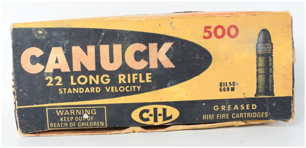 A Lot of 100 Rounds of C-I-L Canuck Standard Velocity .22 Long Rifle Ammunition: This lot consists of 100 rounds of .22 Long Rifle rimfire ammunition produced by Canadian Industries Limited (C-I-L) under the Canuck brand name. The collection is comprised of two individual boxes, e