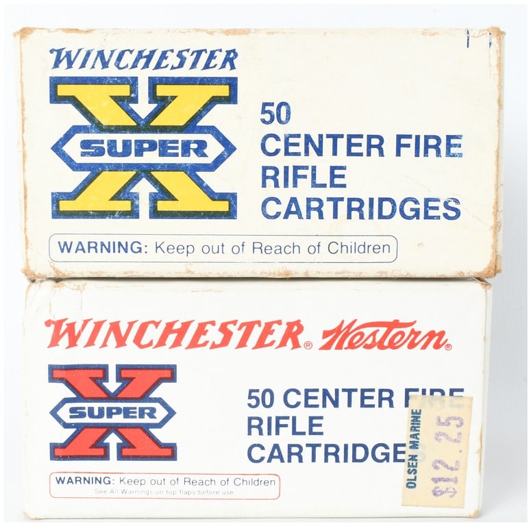 A Lot of 100 Rounds of Winchester and Winchester-Western Super-X .22 Hornet Centerfire Ammunition: This lot comprises a total of 100 rounds of vintage .22 Hornet centerfire rifle ammunition, divided into two full 50-round boxes. The first box contains Winchester Super-X 45-grain soft point cartridg