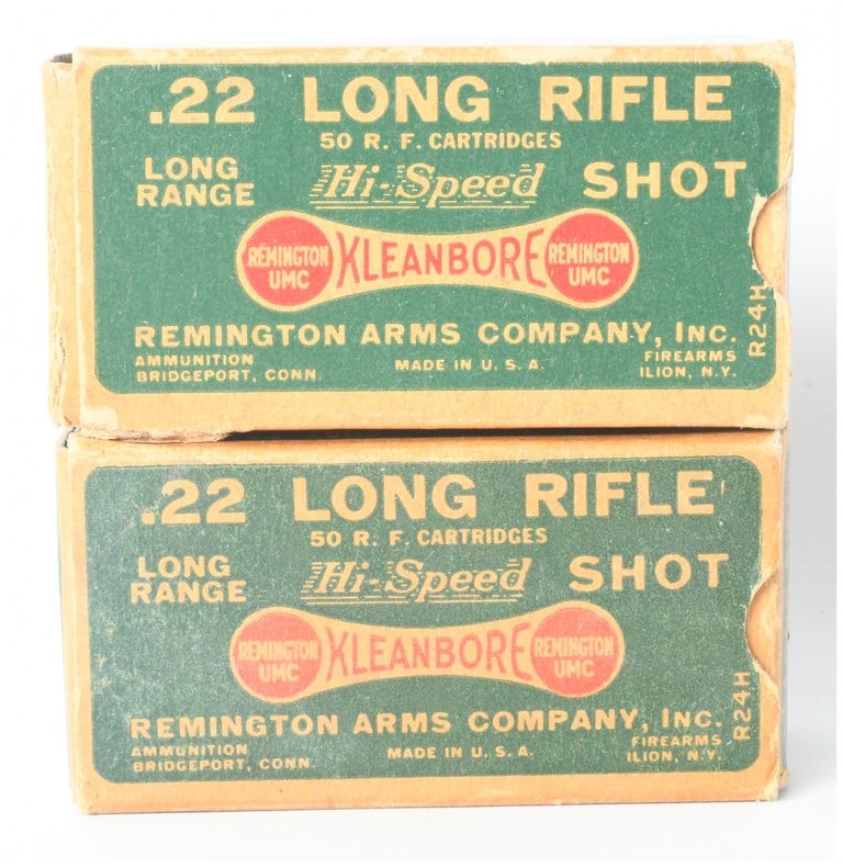 A Lot of 87 Rounds of Remington .22 Long Rifle Hi-Speed Shot Ammunition: This lot consists of 87 rounds of vintage .22 Long Rifle rimfire shot ammunition housed in two original cardboard boxes. The cartridges feature brass casings with star-crimped ends designed for pest c