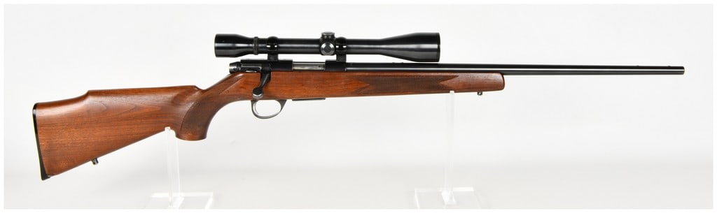 Sako M78 Bolt Action Rifle .22 Hornet with 22 Inch Barrel: A Sako Model 78 bolt-action sporting rifle chambered in .22 Hornet, manufactured in Finland. This firearm is equipped with a blued steel barrel approximately 22 inches in length and a matching blued r