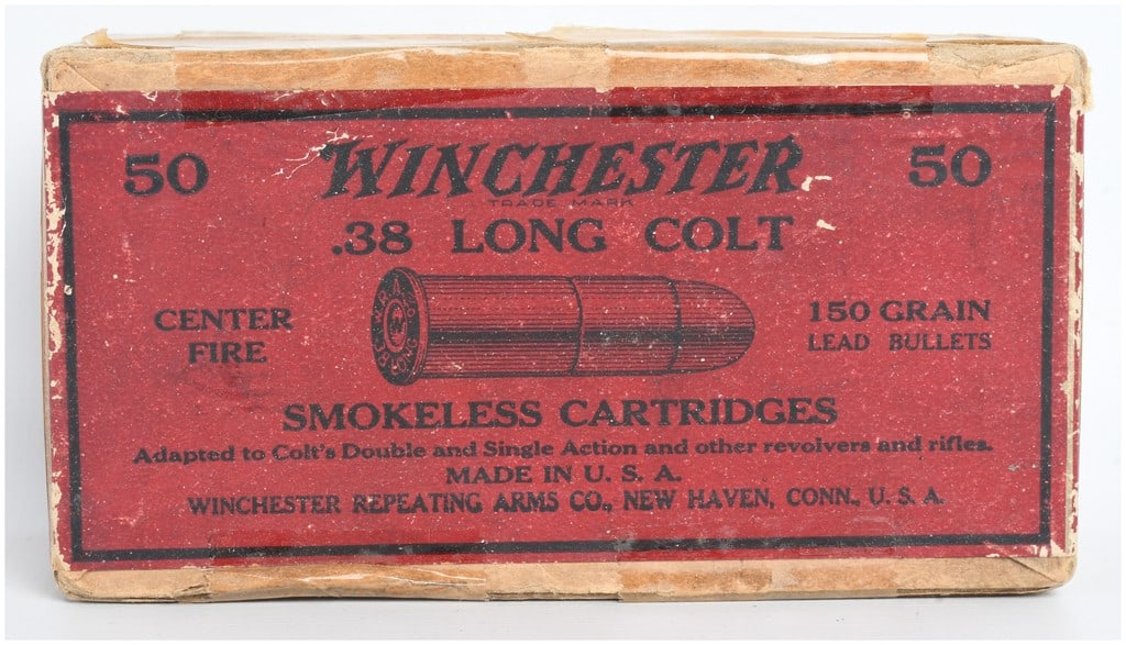 Winchester .38 Long Colt Smokeless Center Fire Cartridges 50 Rounds: This lot consists of a box of 50 vintage center fire smokeless cartridges manufactured by the Winchester Repeating Arms Co. chambered in .38 Long Colt. These cartridges are loaded with 150 grain round