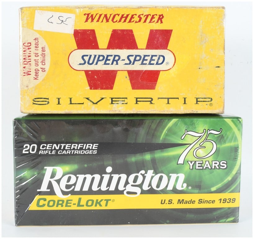 A Pair of Boxes of Winchester and Remington .30-30 Winchester Ammunition Totaling 40 Rounds: This lot features two boxes of .30-30 Winchester centerfire rifle ammunition, totaling 40 rounds. Included is a vintage yellow box of Winchester Super-Speed Silvertip ammunition loaded with 170 grain 