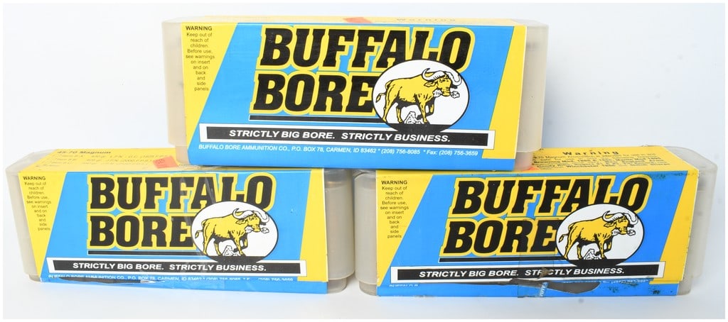 A Lot of 60 Rounds of Buffalo Bore Item 8 B .45-70 Magnum Ammunition: This lot consists of 60 rounds of Buffalo Bore Ammunition Co. .45-70 Magnum high-performance cartridges, organized into three 20-round boxes. These specific loads are designated as Item 8 B, featuring