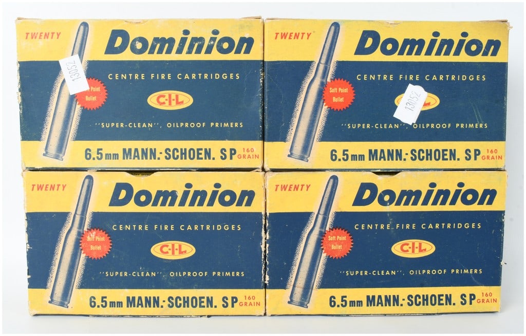 A Lot of 73 Rounds of Dominion 6.5mm Mannlicher-Schoenauer Centerfire Ammunition: This lot consists of 73 rounds of vintage Dominion brand centerfire rifle ammunition, produced by Canadian Industries Limited (C-I-L). The cartridges are chambered in 6.5mm Mannlicher-Schoenauer and a