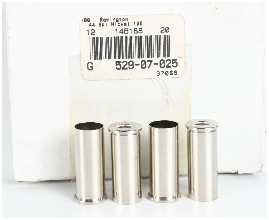 A Lot of 100 Remington .44 S&W Special Unprimed Nickel-Plated Handgun Cartridge Cases: A lot of 100 unprimed .44 S&W Special handgun cartridge cases manufactured by Remington. These nickel-plated casings are intended for reloading and appear to be in new, unused condition as new old sto