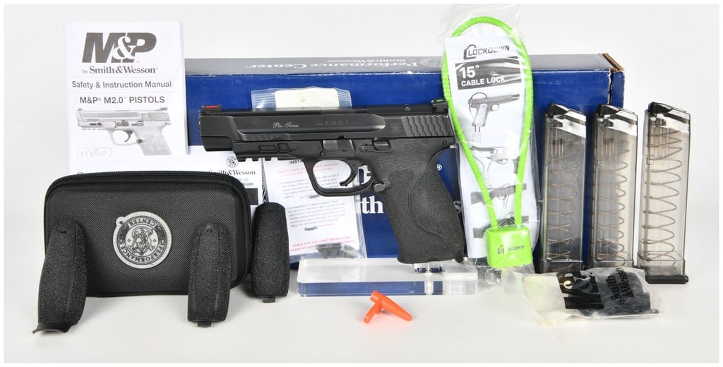 Smith & Wesson M&P 9 M2.0 Pro Series C.O.R.E. Semi-Automatic Pistol 9mm with 5 Inch Barrel: This Smith & Wesson M&P 9 M2.0 Pro Series C.O.R.E. is a semi-automatic pistol chambered in 9mm, designed for competition and duty use. It features a 5-inch barrel with the barrel hood stamped 9MM and 