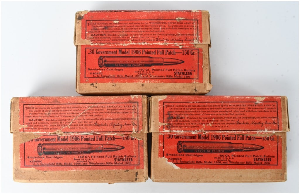 Winchester .30 Government Model 1906 Pointed Full Patch Ammunition .30-06 Springfield: This lot consists of a collection of 55 rounds of vintage Winchester ammunition chambered in .30 Government Model 1906, also known as .30-06 Springfield. The ammunition features 150-grain Pointed Full