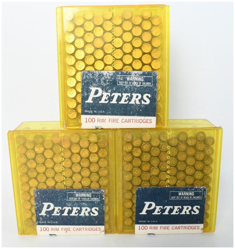 A Lot of 300 Rounds of Peters High Velocity Ammunition .22 Long Rifle: This lot consists of a total of 300 Rounds of vintage Peters rimfire ammunition housed in three separate 100-count transparent yellow plastic dispensers. The cartridges are chambered in .22 Long Rifle