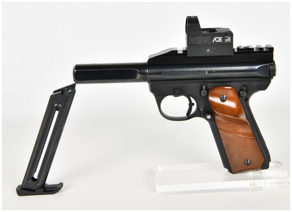 Ruger 22/45 MK III Semi-Automatic Pistol .22 Cal. Long Rifle with Slab-Sided Bull Barrel: This Ruger 22/45 MK III is a semi-automatic pistol chambered in .22 Caliber Long Rifle, specifically configured for target shooting with a blued slab-sided bull barrel. The firearm features a steel re