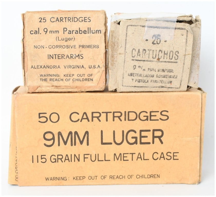 A Lot of 128 Rounds of 9mm Luger and Parabellum Ammunition: This lot consists of 128 rounds of 9mm Luger and Parabellum ammunition of various origins. The collection includes one 25-round box from Interarms of Alexandria, Virginia, labeled 25 CARTRIDGES cal. 9