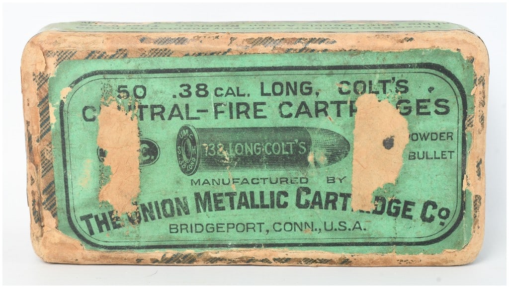 Union Metallic Cartridge Co. .38 Long Colt Central-Fire Cartridges 50 Rounds Antique: This lot features a vintage two-piece green cardboard ammunition box containing a total of 50 rounds of .38 Long Colt caliber cartridges. Manufactured by the Union Metallic Cartridge Co. of Bridgeport