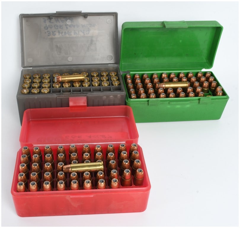 A Lot of 232 Rounds of Remanufactured .32 H&R Magnum Ammunition: This lot comprises 232 rounds of remanufactured .32 H&R Magnum handgun ammunition, featuring jacketed hollow point (JHP) bullets and brass casings. The cartridges are stored in three assorted plastic 
