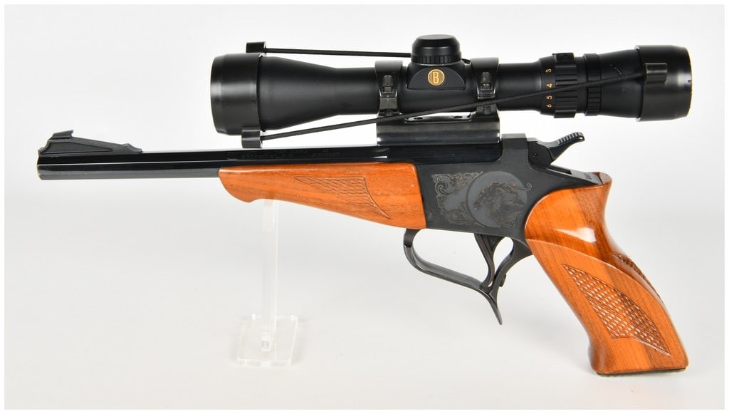 Thompson/Center Arms Contender Single Shot Pistol .22 K-Hornet with 10 Inch Barrel: This Thompson/Center Arms Contender is a single-shot, break-action pistol chambered in .22 K-Hornet, a versatile configuration favored for precision target shooting and small game hunting. The firearm