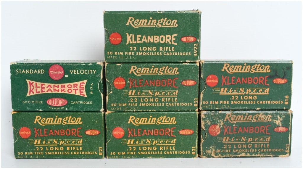 A Lot of 350 Rounds of Remington Kleanbore and Hi-Speed .22 Caliber Rimfire Ammunition: This lot comprises 350 rounds of Remington rimfire ammunition, primarily in .22 Long Rifle caliber with a single box of .22 Long. The collection is housed in seven original green cardboard boxes featu