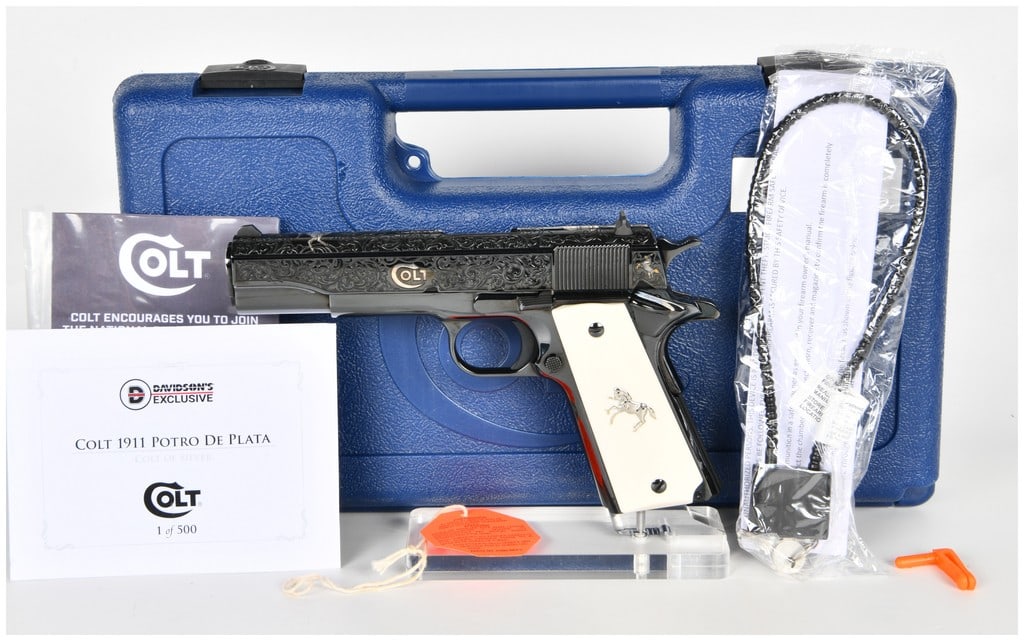 Colt Government Model Semi-Automatic Pistol .38 Super with 5 Inch Barrel: This Colt Government Model semi-automatic pistol is a Davidson's Exclusive limited edition known as the Potro De Plata or Colt of Silver and is numbered as one of five hundred produced. Chambered in .