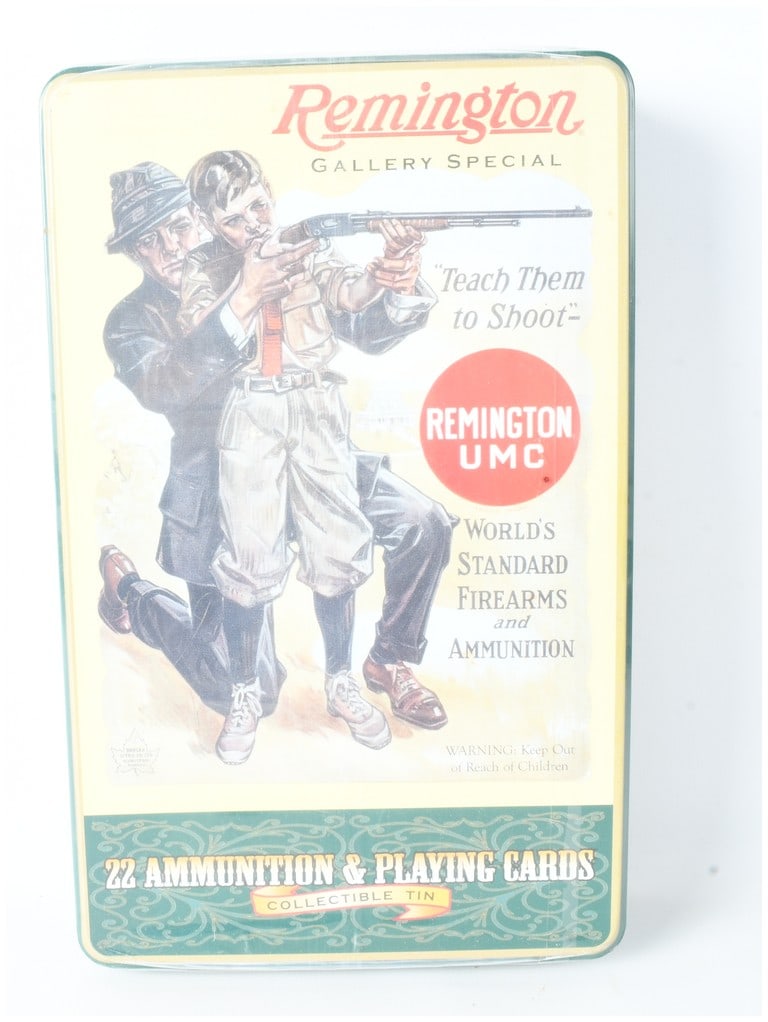 Remington Gallery Special Ammunition and Playing Card Set .22 Long Rifle 400 Rounds: This lot features a Remington Gallery Special collectible ammunition and playing card gift set housed in a decorative metal tin with vintage-style lithographed artwork. The set includes a total of 400