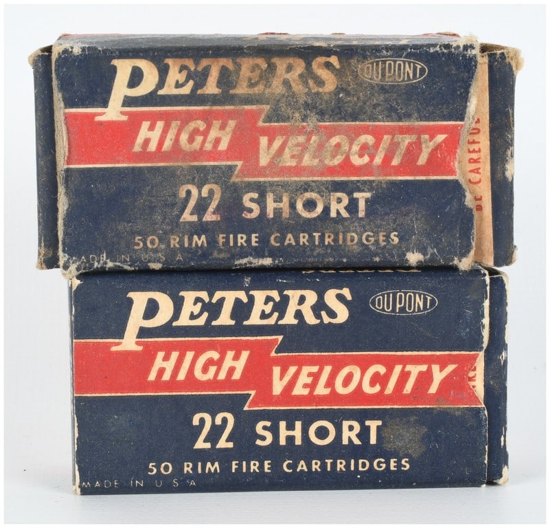 A Lot of 78 Rounds of Peters High Velocity Rimfire Ammunition .22 Short: This lot consists of 78 rounds of .22 Short rimfire ammunition produced by the Peters Cartridge Division. The ammunition is housed in two original 50-count cardboard boxes featuring the classic blue a