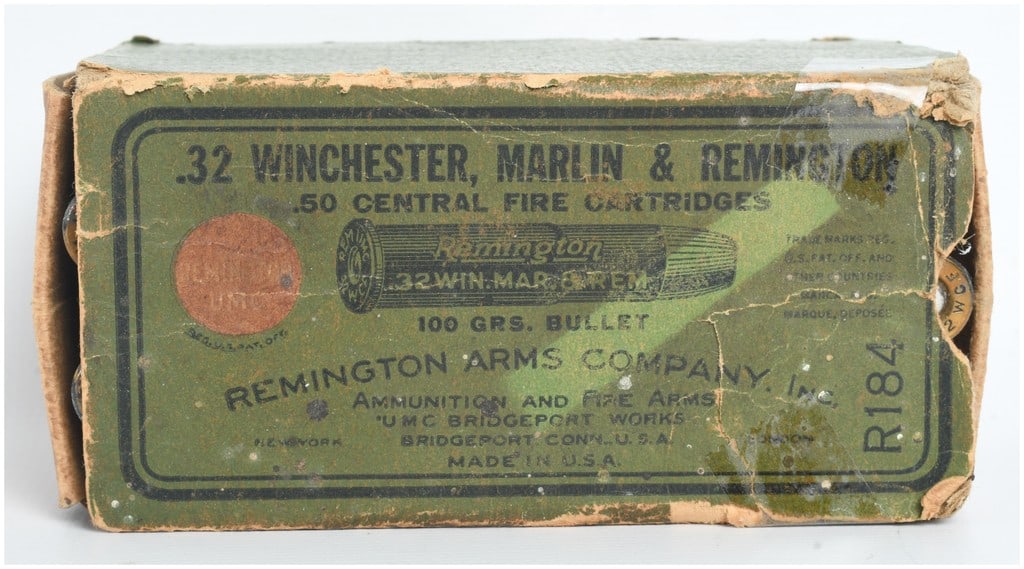 Remington Arms Company .32 Winchester Center Fire Ammunition Lot of 50 Rounds: This lot features 50 rounds of .32 Winchester ammunition, also known as .32-20 Winchester or .32 WCF, manufactured by the Remington Arms Company, Inc. at the UMC Bridgeport Works. The cartridges are l
