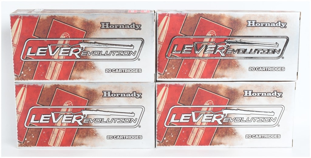 A Lot of 80 Rounds of Hornady LEVERevolution Ammunition .348 Winchester: This lot consists of 80 rounds of Hornady LEVERevolution centerfire rifle ammunition chambered in .348 Winchester. The ammunition is distributed across four original retail boxes, with each box contai