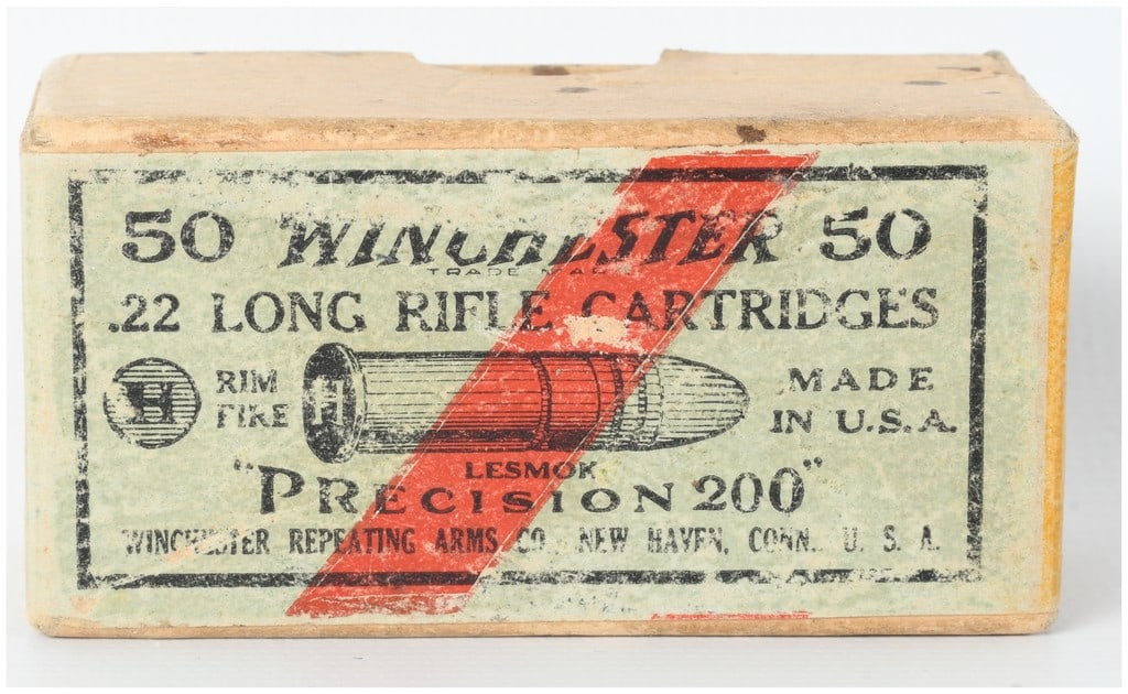 A Lot of 50 Winchester Precision 200 .22 Long Rifle Target Cartridges: This lot consists of 50 rounds of Winchester Precision 200 target ammunition chambered in .22 Long Rifle. These vintage cartridges are loaded with Lesmok powder, a specialized semi-smokeless compound 