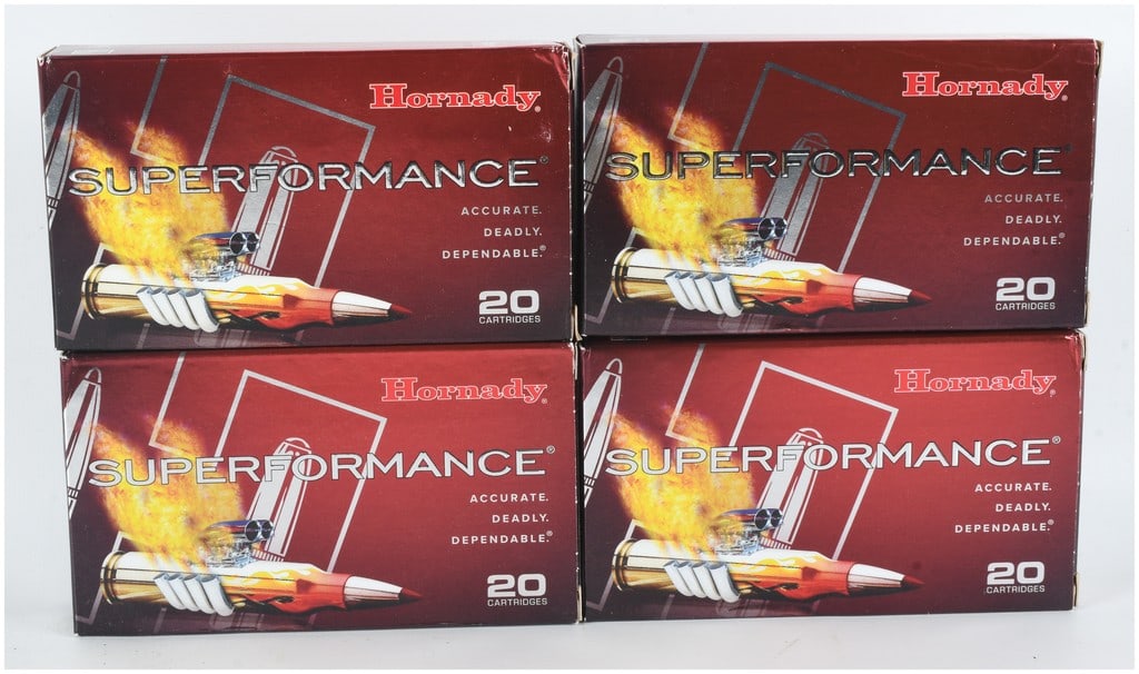 Hornady Superformance .257 Roberts +P 117 Grain SST Ammunition 80 Rounds: A lot of 80 rounds of Hornady Superformance ammunition chambered in .257 Roberts +P. This collection consists of four factory boxes, each containing 20 cartridges featuring 117-grain SST (Super Shock 