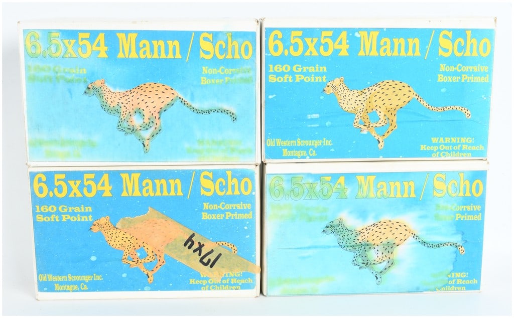 A Lot of 80 Rounds of Old Western Scrounger 6.5x54mm Mannlicher-Sch?nauer Ammunition: This lot features a collection of eighty rounds of centerfire rifle ammunition specifically chambered for the 6.5x54mm Mannlicher-Sch?nauer cartridge. The ammunition is configured with 160-grain soft-