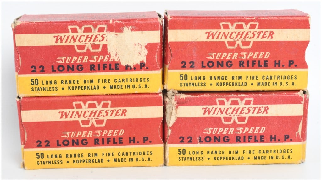 A Lot of 200 Rounds of Winchester Super Speed .22 Long Rifle Hollow Point Ammunition: This lot features 200 rounds of Winchester Super Speed .22 Long Rifle Hollow Point ammunition, contained within four original cardboard boxes. Each box contains 50 long-range rimfire cartridges featur