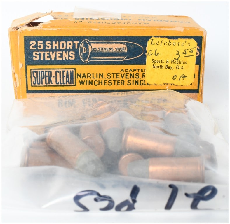 Canadian Industries Limited Dominion 68 Rounds .25 Stevens Short Rimfire Ammunition: This lot consists of 68 rounds of vintage .25 Stevens Short rimfire ammunition manufactured by Canadian Industries Limited (C-I-L) under the Dominion brand. The ammunition is presented in one original