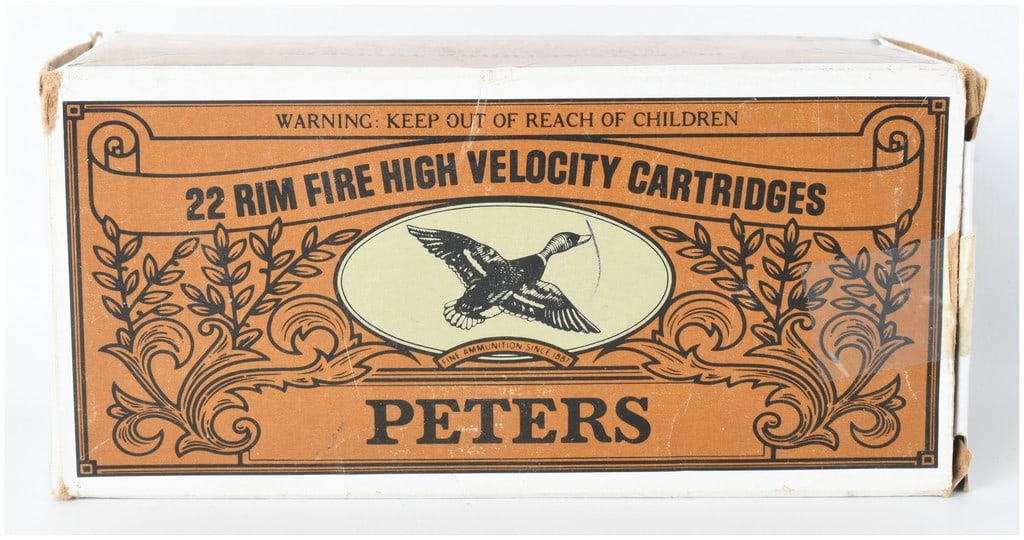 A Lot of 264 Rounds Peters High Velocity Solid Point Rimfire Ammunition .22 Long Rifle: This lot comprises 264 rounds of .22 Long Rifle rimfire ammunition produced by the Peters Cartridge Division of the Remington Arms Company, Inc. at their Lonoke, Arkansas production facility. The ammu