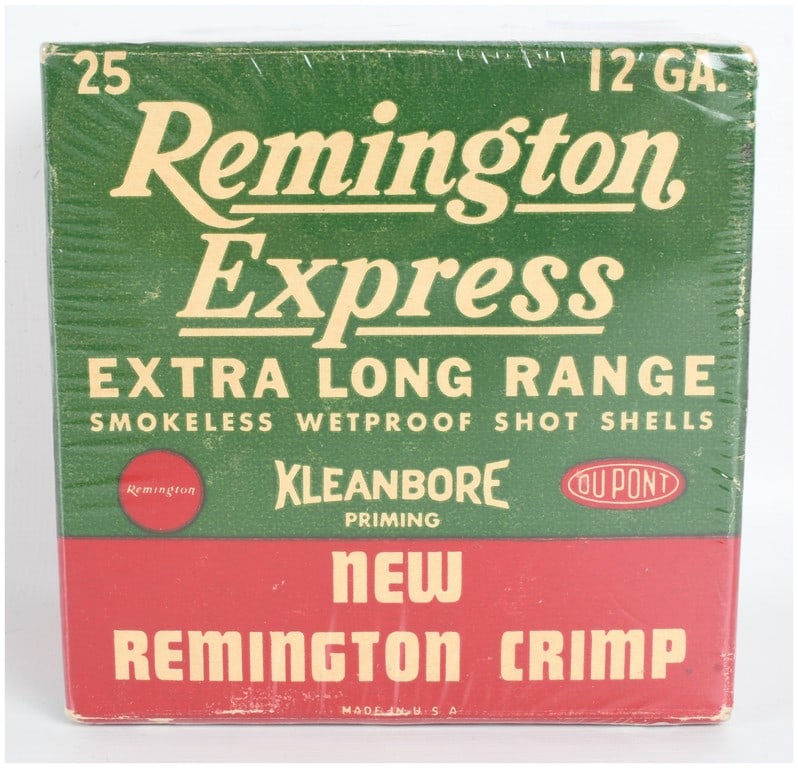 A Lot of 25 Remington Express Extra Long Range 12 Gauge Shotgun Shells: This lot consists of a vintage cardboard box containing 25 rounds of Remington Express Extra Long Range 12-gauge shotgun shells. These are 2 3/4 inch shells in the RX12-5 load configuration, which ind