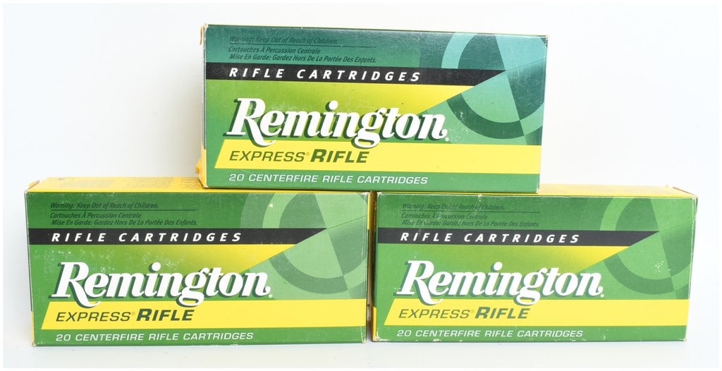 A Lot of 59 Pieces of Remington Express Rifle Ammunition .17 Remington including 42 Live Rounds and: This lot consists of Remington Express Rifle centerfire ammunition chambered in .17 Remington, comprising a total of 42 live cartridges and 17 empty brass casings. The ammunition is loaded with 25-gra
